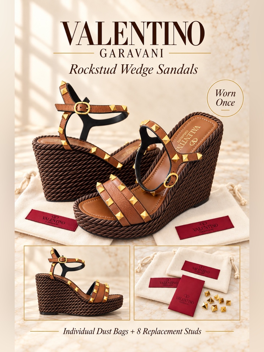 Valentino Garavani Rockstud Brown Leather Platform Wedge Sandals EU 40